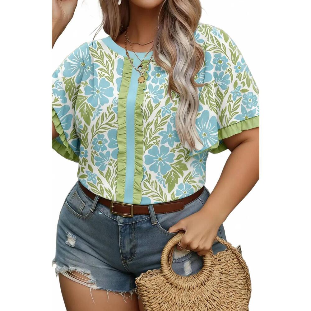 NEW UNISHE ruffled sleeve blouse in sky blue/ green